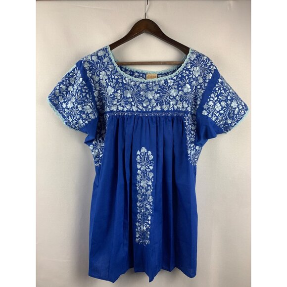 Women’s El Interior Blue Embroidered Floral Puebla Blouse Size XL - Picture 1 of 9